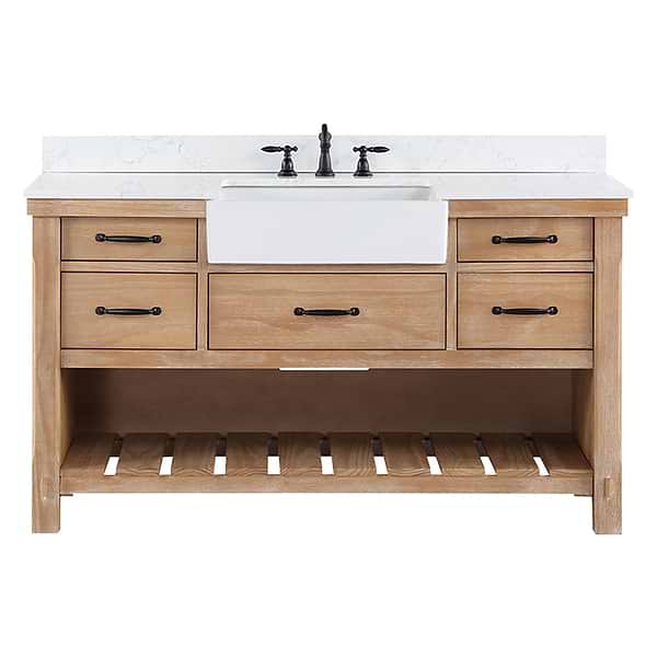 Inwood Blonde Oak 60" Single Vanity with White Stone Top and Farmhouse  Sink