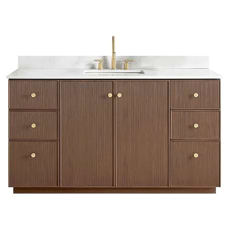 Florencia Brown Oak 60" Single Vanity with Pacific White Quartz Top