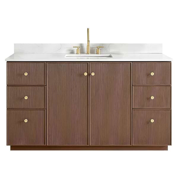 Florencia Brown Oak 60" Single Vanity with Pacific White Quartz Top