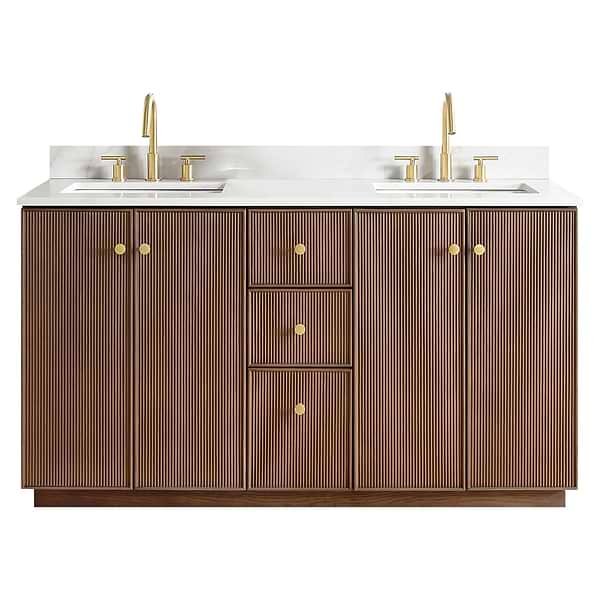 Florencia Brown Oak 60" Double Vanity with Pacific White Quartz Top
