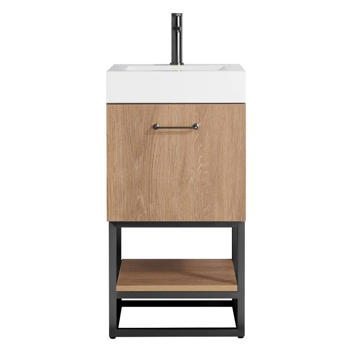Ithica White Oak 18" Single Vanity and Black Hardware with White Intergrated Top