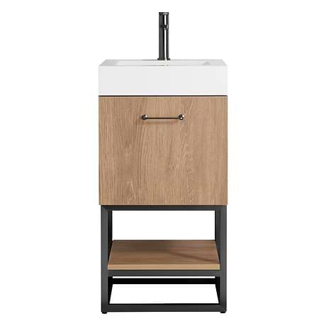 Ithica White Oak 18" Single Vanity and Black Hardware with White Intergrated Top