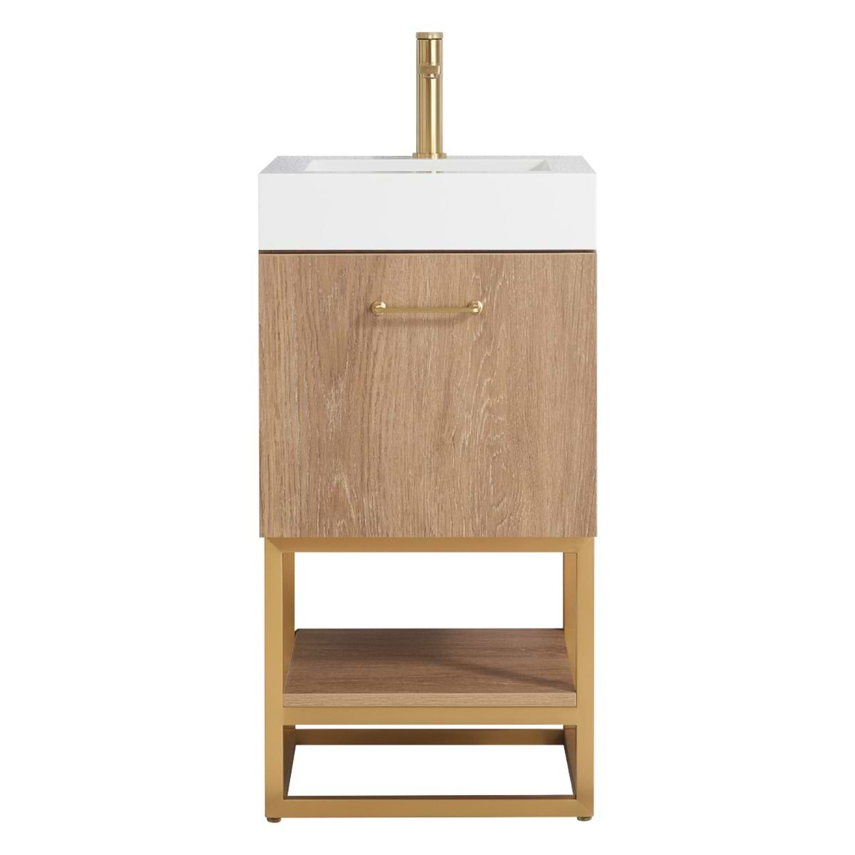 Ithica White Oak 18" Single Vanity and Gold Hardware with White Intergrated Top