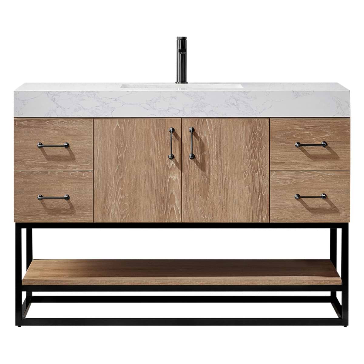 Ithica White Oak 48" Single Vanity and Black Hardware with Atlantic Stone Top