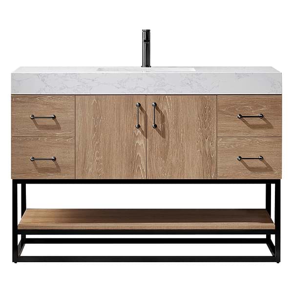 Ithica White Oak 48" Single Vanity and Black Hardware with Atlantic Stone Top