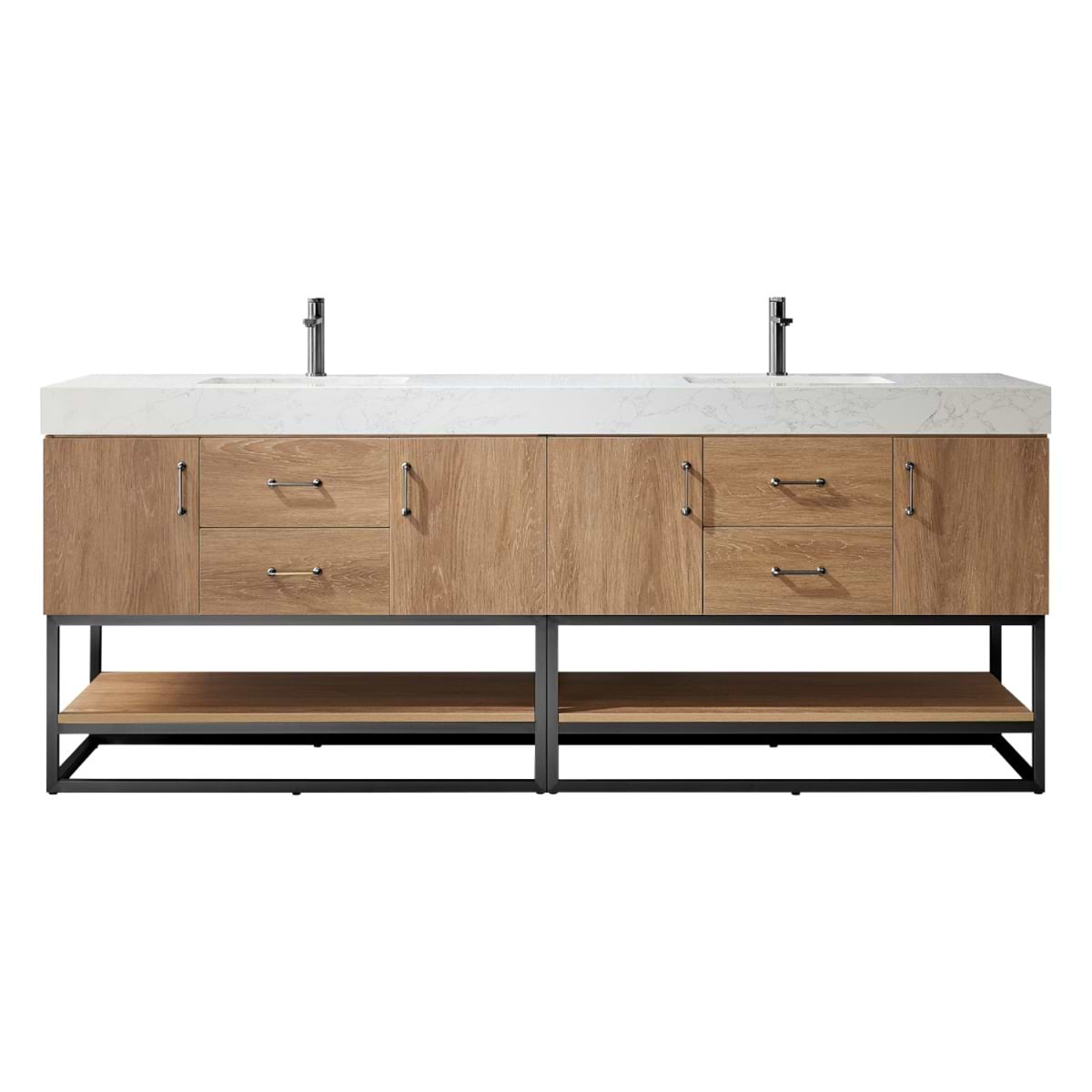 Ithica White Oak 84" Double Vanity and Black Hardware with Atlantic Stone Top