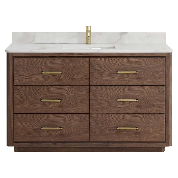 Genora Brown Oak 55" Single Vanity with Pacific White Quartz Top