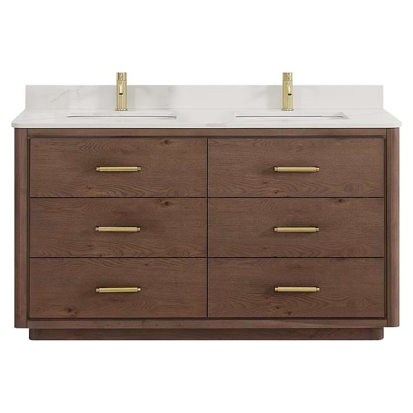Genora Brown Oak 60" Double Vanity with Pacific White Quartz Top