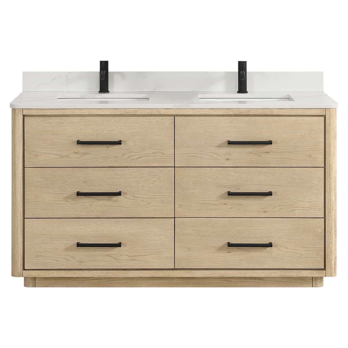 Genora Blonde Oak 60" Double Vanity with Pacific White Quartz Top