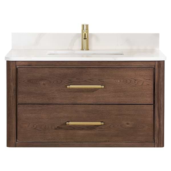 Riven Brown Oak 36" Single Vanity with Pacific White Quartz Top