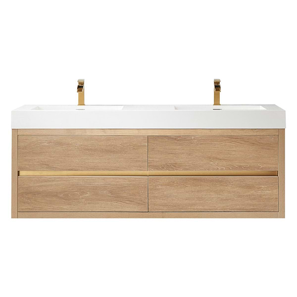 Serrano Blonde Oak 60" Double Floating Vanity with White Integrated Top
