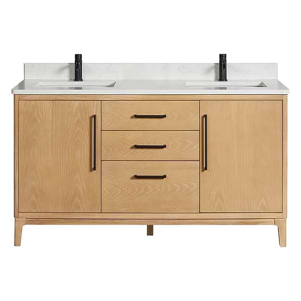 Kaitlin Blonde Oak 60" Double Vanity with White Composite Stone Top