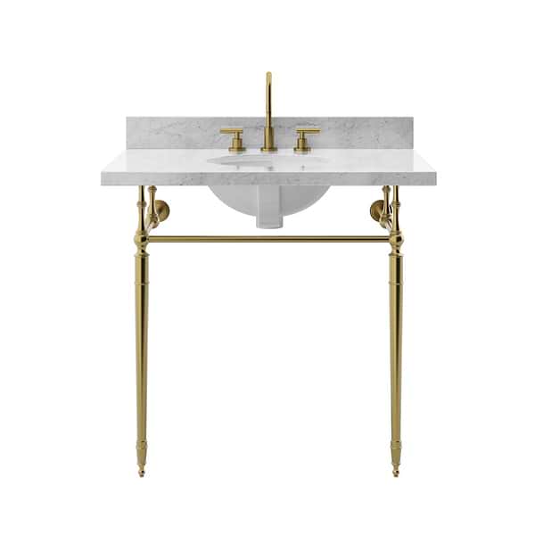 Napoleon Brushed Brass 30" Single Console with Carrara Marble Top Oval Sink and Backsplash