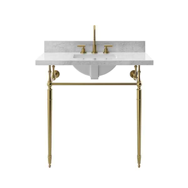 Napoleon Brushed Brass 36" Single Console with Carrara Marble Top Rectangle Sink and Backsplash