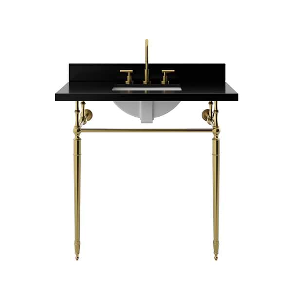 Napoleon Brushed Brass 36" Single Console with Black Granite Top Rectangle Sink and Backsplash