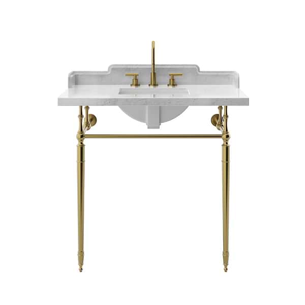 Napoleon Brushed Brass 30" Single Console with White Marble Top Rectangle Sink and Side Splash