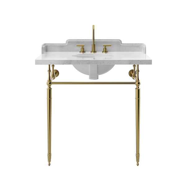 Napoleon Brushed Brass 30" Single Console with White Marble Top Oval Sink and Side Splash
