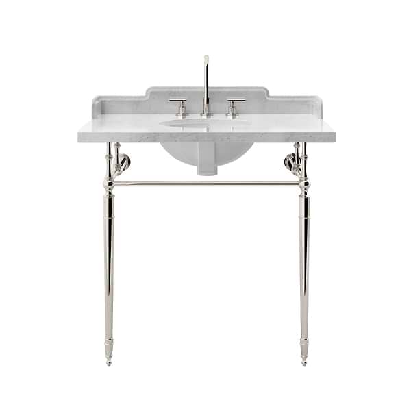 Napoleon Polished Nickel 36" Single Console with White Marble Top Oval Sink and Side Splash