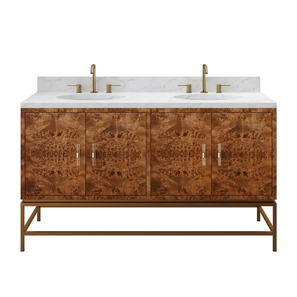 Kaia 60" Burl Wood Double Vanity with Cararra Marble Top