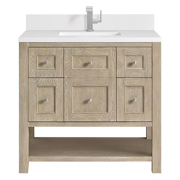 James Martin Vanities Breckenridge Whitewashed Oak 36" Single Vanity with White Zeus Quartz Top and Backsplash