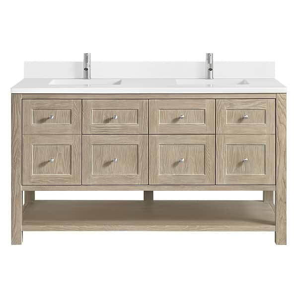 James Martin Vanities Breckenridge Whitewashed Oak 60" Double Vanity with White Zeus Quartz and Backsplash Top