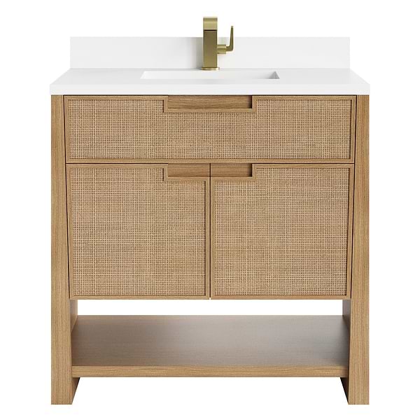 James Martin Vanities Solene Seaside Oak 36" Single Vanity with White Zeus Quartz Top and Backsplash