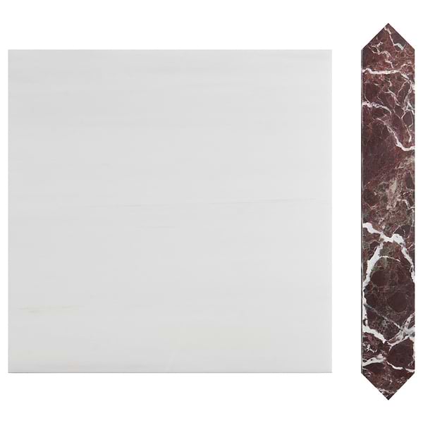 Prezzo Glacier White 12x12 Square and Rosso Levanto 2x12 Picket Honed Marble Tile
