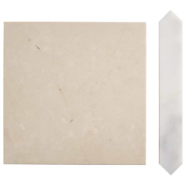 Prezzo Crema Ella 12x12 Square and Ayfon White 2x12 Picket Honed Marble Tile
