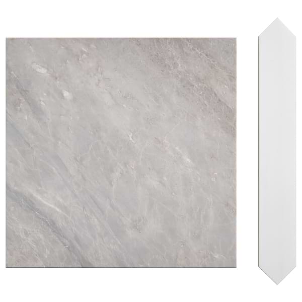 Prezzo Ice Gray 12x12 Square and Glacier White 2x12 Picket Honed Marble Tile
