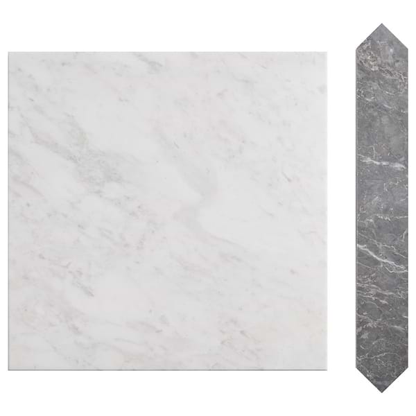 Prezzo Volakas 12x12 Square and Lovina Gray 2x12 Picket Honed Marble Tile