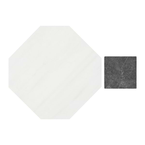 Alaris Glacier White 8" Octagon with Black Silk Dot Tumbled Marble Tile