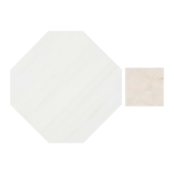 Alaris Glacier White 8" Octagon with Crema Ella Dot Tumbled Marble Tile