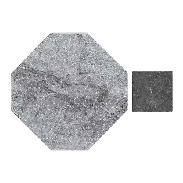 Alaris Lovina Gray 8" Octagon with Black Silk Dot Tumbled Marble Tile