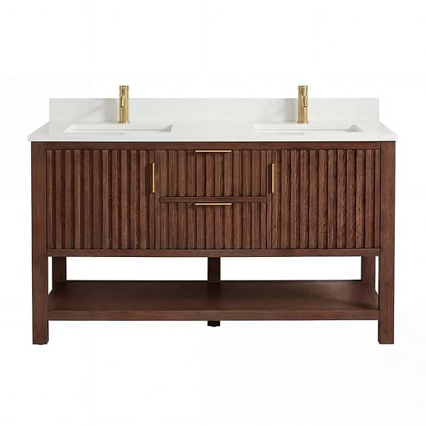 Valera Brown Oak 60" Double Vanity with White Grain Composite Stone Top