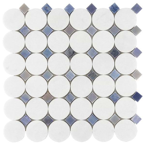 Kinetic Satellite 1x2 White Thassos & Blue Macauba Polished Marble Mosaic Tile