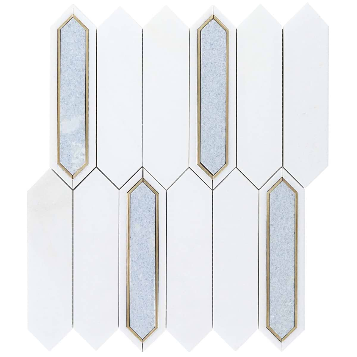 Zeus Blue Celeste 2x8 Picket Polished Marble and Brass Waterjet Mosaic Tile