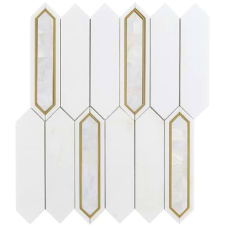 Zeus White Pearl 2x8 Picket Polished Marble- Pearl and Brass Waterjet Mosaic Tile