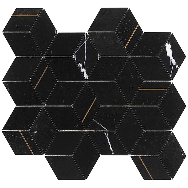 Morgana Nero Polished Marble and Brass Mosaic Tile