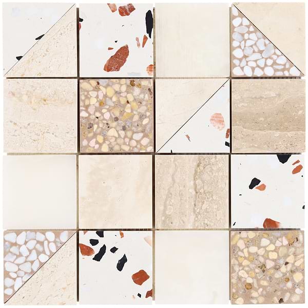 Elizabeth Sutton Artem Paloma Beige & Cream 3x3 Polished & Honed Marble and Terrazzo Mosaic Tile
