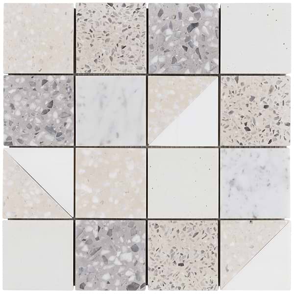 Elizabeth Sutton Artem Swan White & Cream 3x3 Polished & Honed Marble and Terrazzo Mosaic Tile