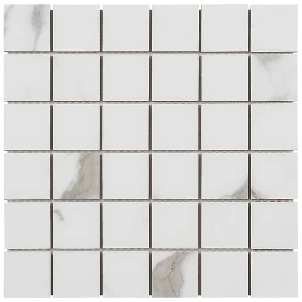 DreamStone Statuario Valley 2x2 Matte Porcelain Mosaic - Sample in White with Gray Brown Veining, View 3, open zoomed image