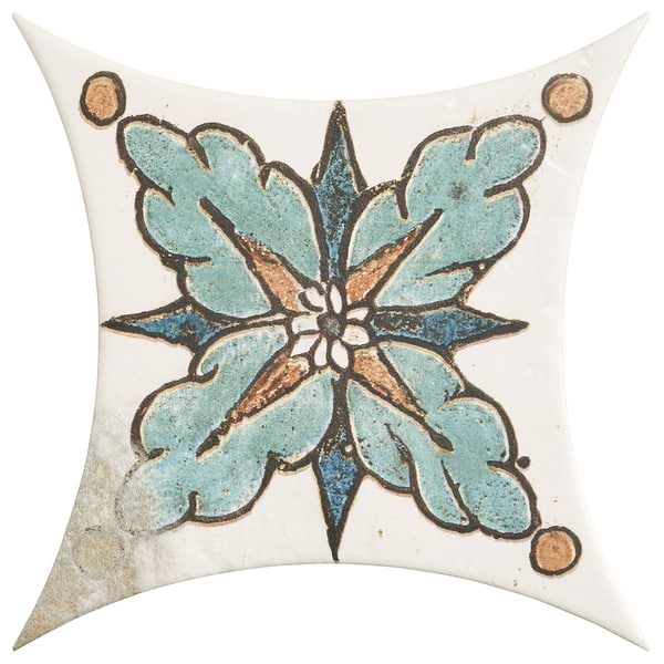 Raval Canyon Terracotta 3x8 Petal and 6x6 Kite with Deco Amelia Multicolor Kite Matte Porcelain Tile