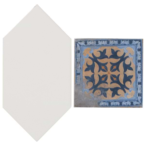 Morocco Blanco White 4x8 Glossy Picket and Medina Multicolor 4x4 Matte Square Porcelain Tile