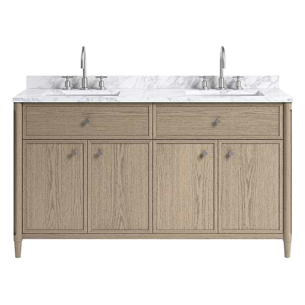 Ashford Greige Ash 60" Double Vanity with Carrara Marble Top by TileBar Studio Vanities, View 2, open zoomed image