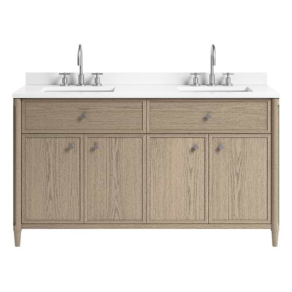 Ashford Greige Ash 60" Double Vanity with White Quartz Top by TileBar Studio Vanities, View 2, open zoomed image