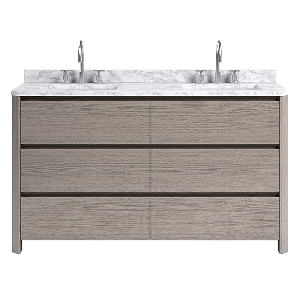Dalton Steel Oak 60" Double Vanity with Carrara Marble Top by TileBar Studio Vanities, View 2, open zoomed image