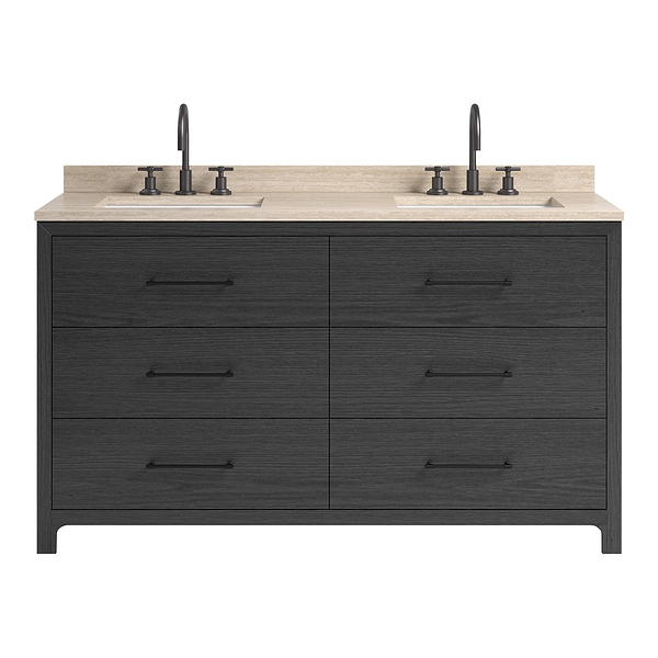 TileBar Studio Vanities Edison Ebony Oak 60" Double Vanity with Romano Travertine Top