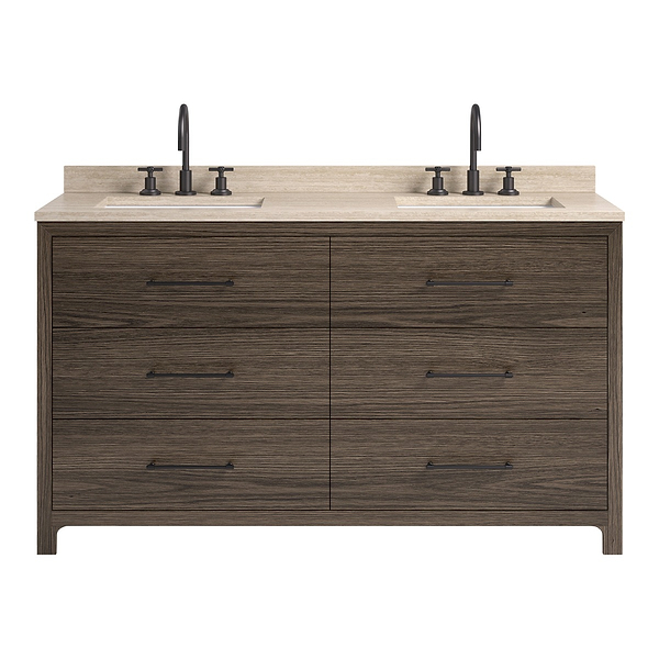TileBar Studio Vanities Edison Espresso Oak 60" Double Vanity with Romano Travertine Top