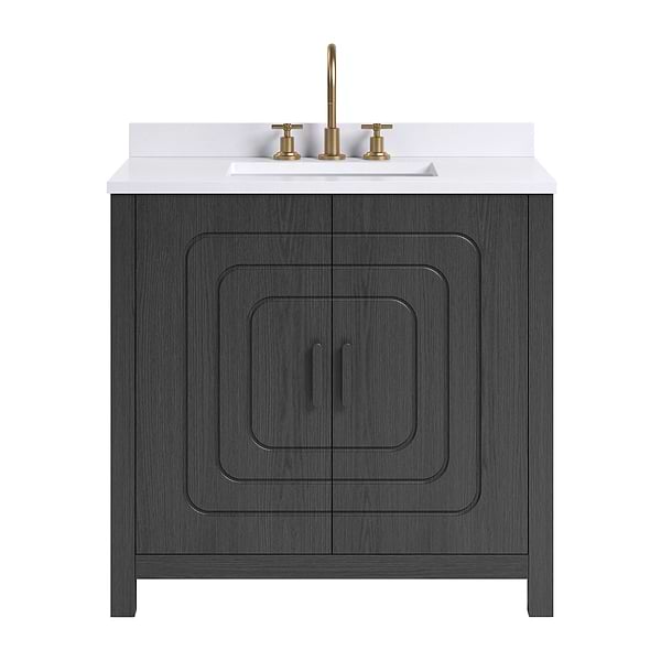 Emett Ebony Oak 36" Single Vanity with White Quartz Top by TileBar Studio Vanities, View 2, open zoomed image