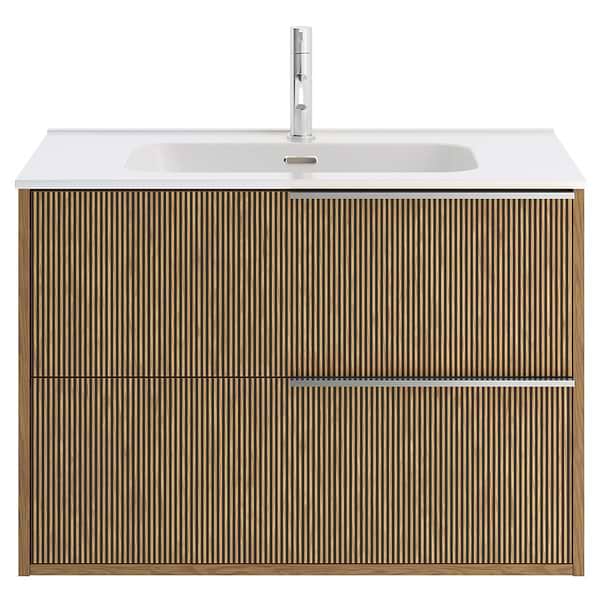 Kora Art Faux Fluted 32" Single Vanity with Integrated White Ceramic Top & Silver Handles